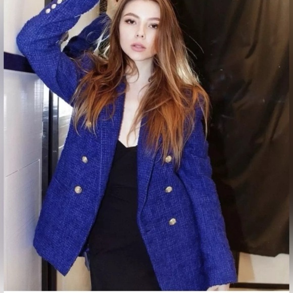 Zara women’s textured double breasted royal blue fitted tailored blazer size XL - Picture 1 of 11